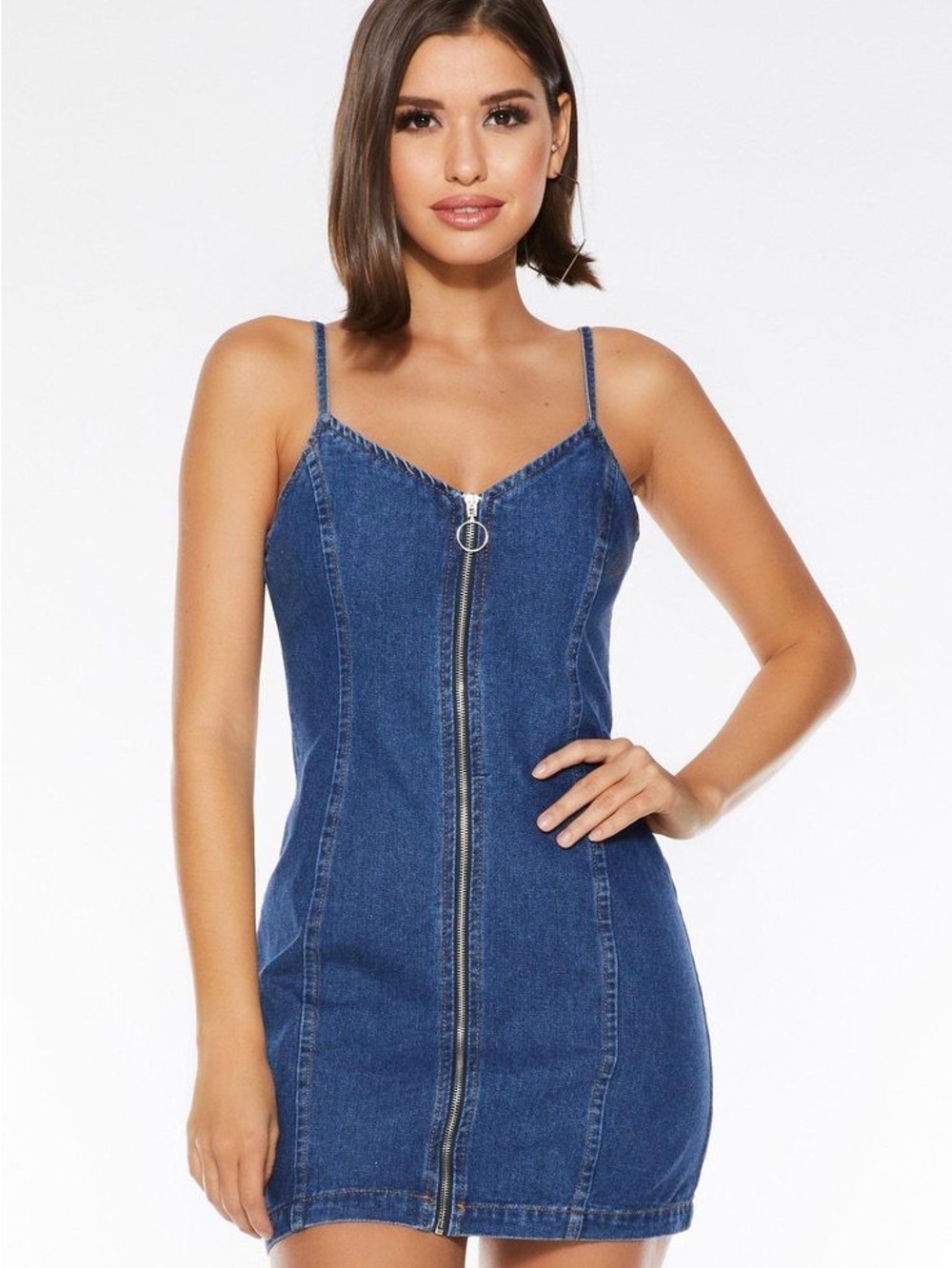 Denim Zip-Front Bodycon Mini Dress - Blue